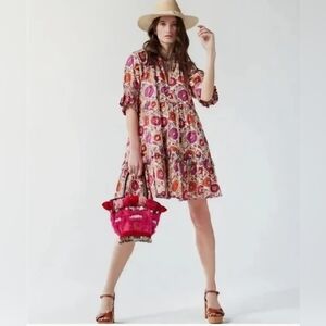 Figue Halima Dress Flowering White Vine Orange Purple Floral Short Sleeve